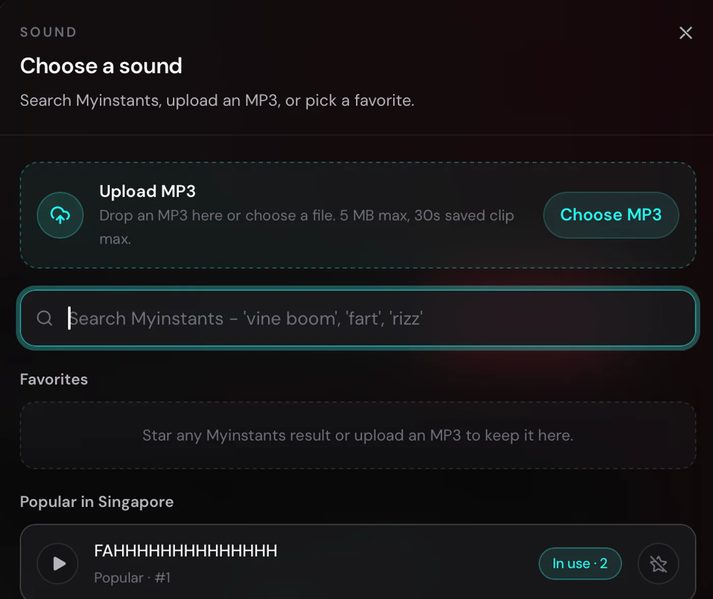 Search for a sound effect or upload an MP3 in TTLiveConnect