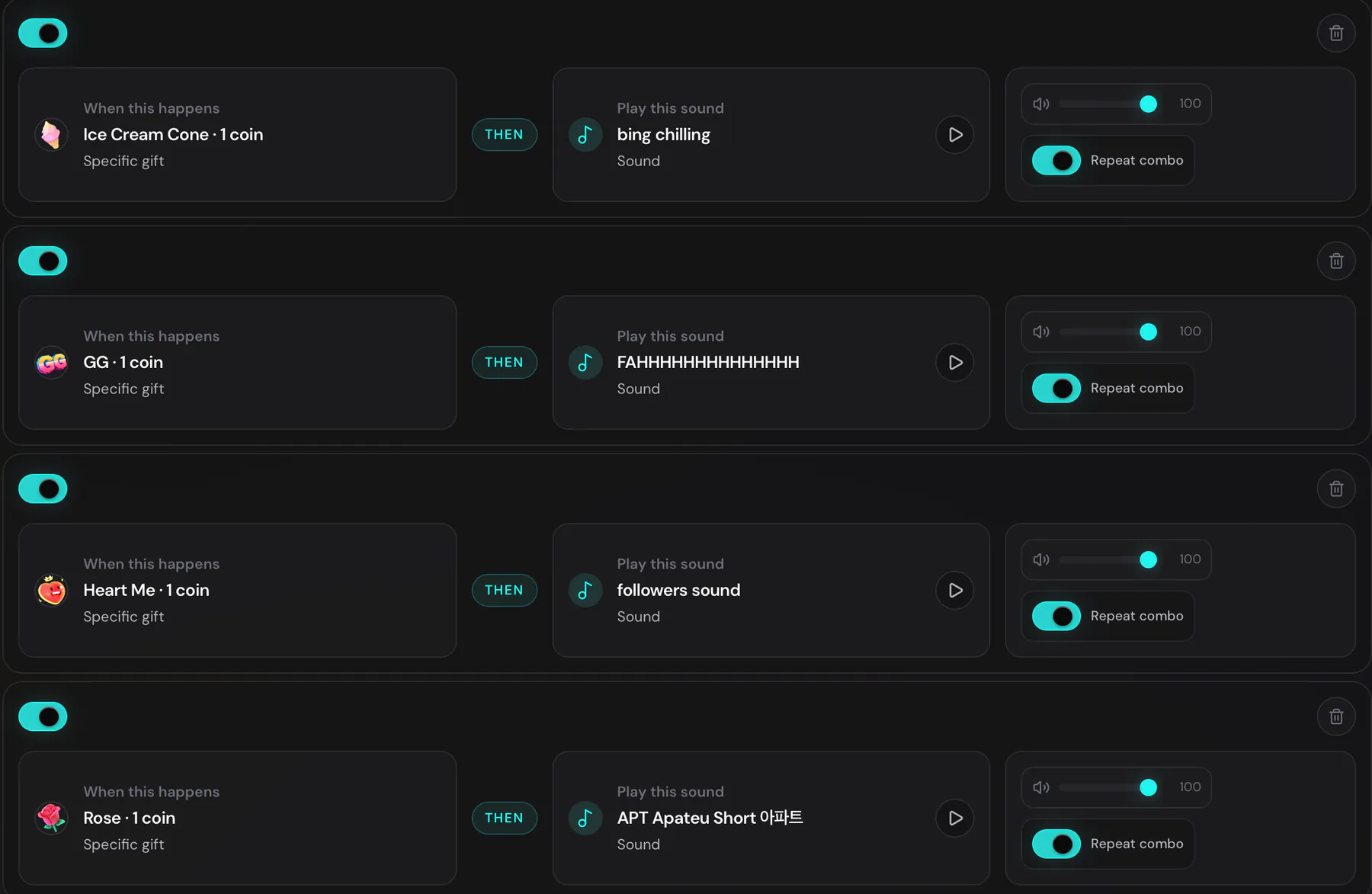 Sound alert IF/THEN rules configured in TTLiveConnect