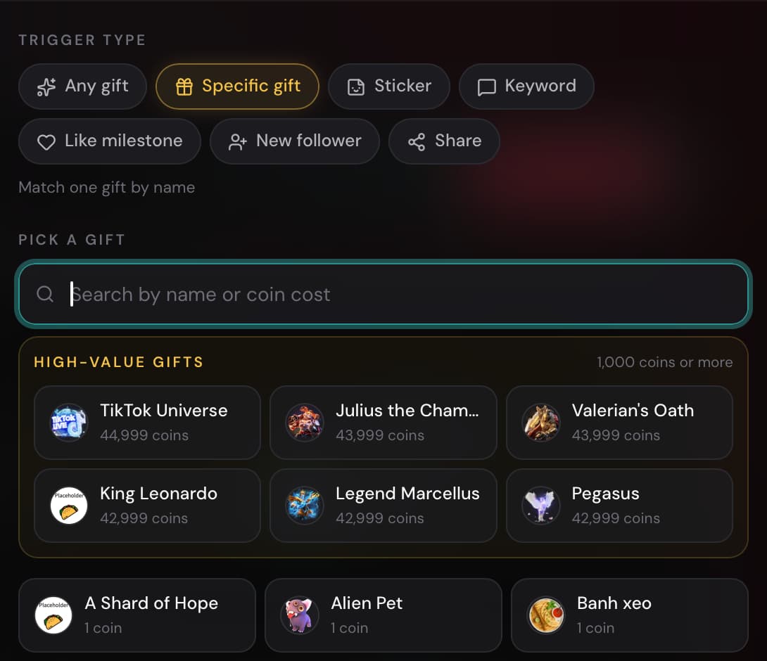 Select a gift to use as a sound alert trigger in TTLiveConnect